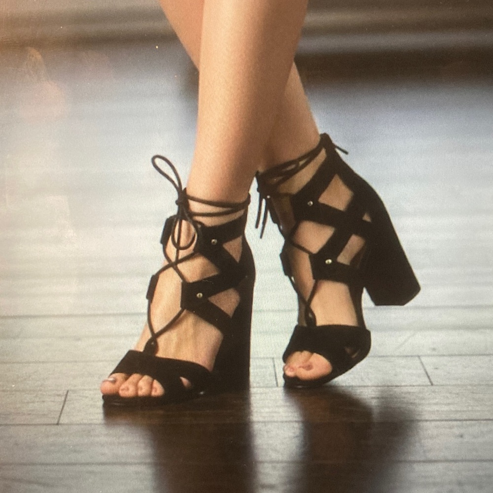 Circus by Sam Edelman Black Lace-Up Cage Heel Sandals Heels